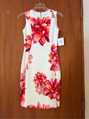 Calvin Klein White Midi Dress with Red and Pink Floral Print NWT